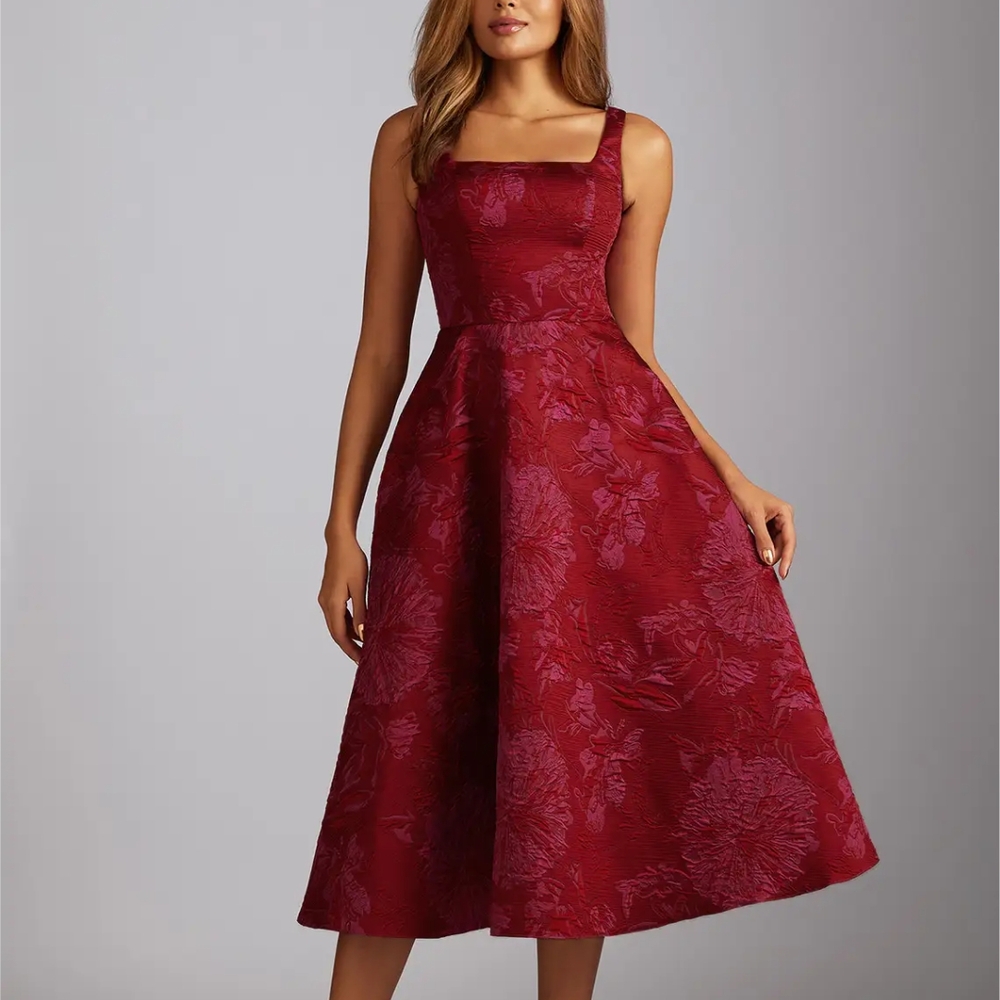 Azazie Florance Floral Red Midi Dress